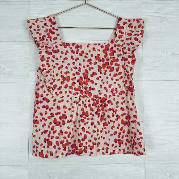 Ann Taylor Top M Berry Bunches Linen Blend Square Neck Smocked Flutter Sleeves - Picture 1 of 11